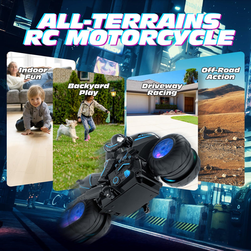 Tecnock RC Motorcycle uses 2.4GHz remote for easy multiplayer racing.