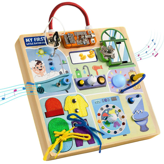 Teekdeer Busy Board with LED lights switches for engaging toddler sensory play.