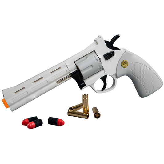 Tehoosen Revolver Toy front view highlights sleek white-gray design for durable play.