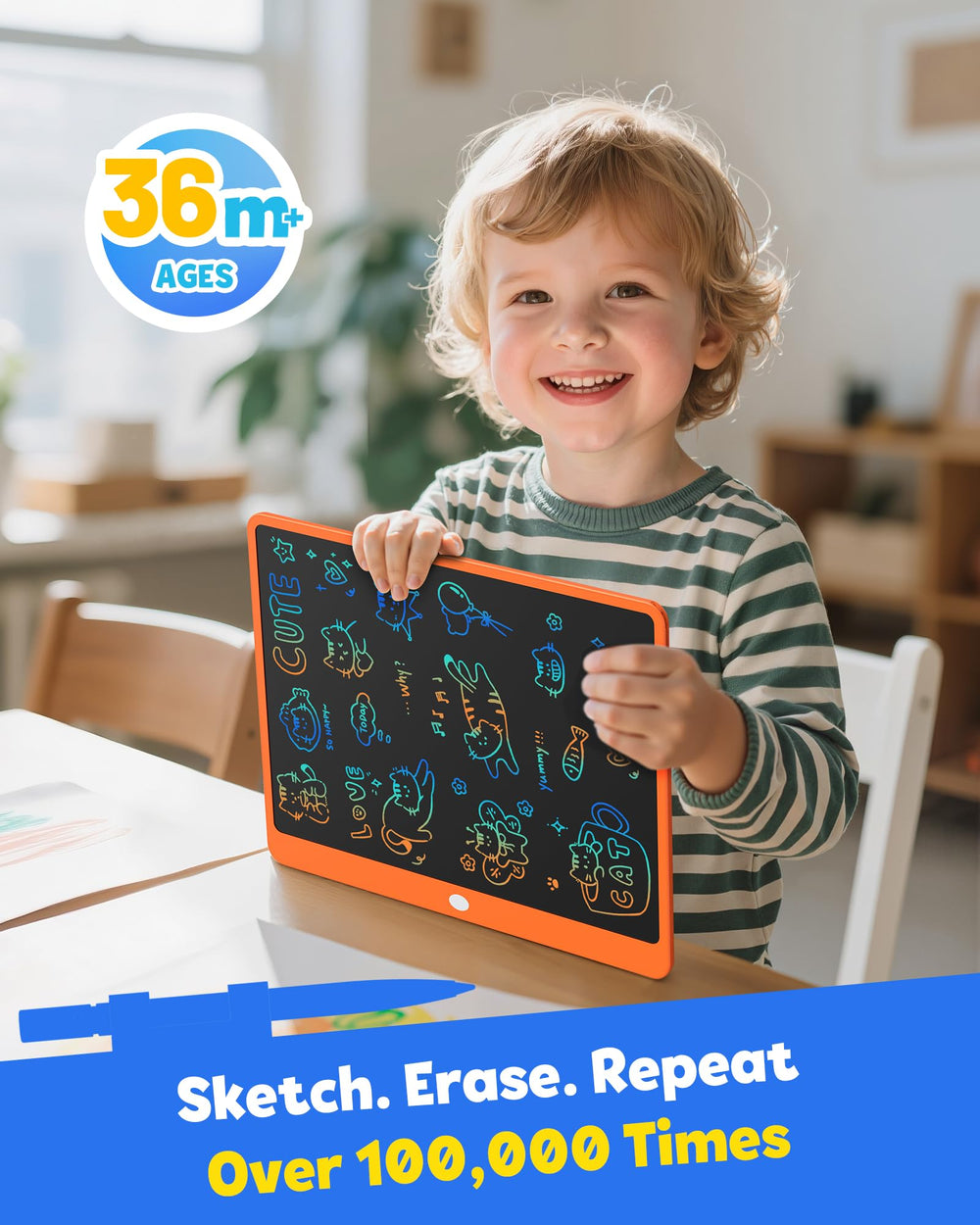 TEKFUN large drawing pad for kids, ideal for drawing, alphabet practice, and imagination.