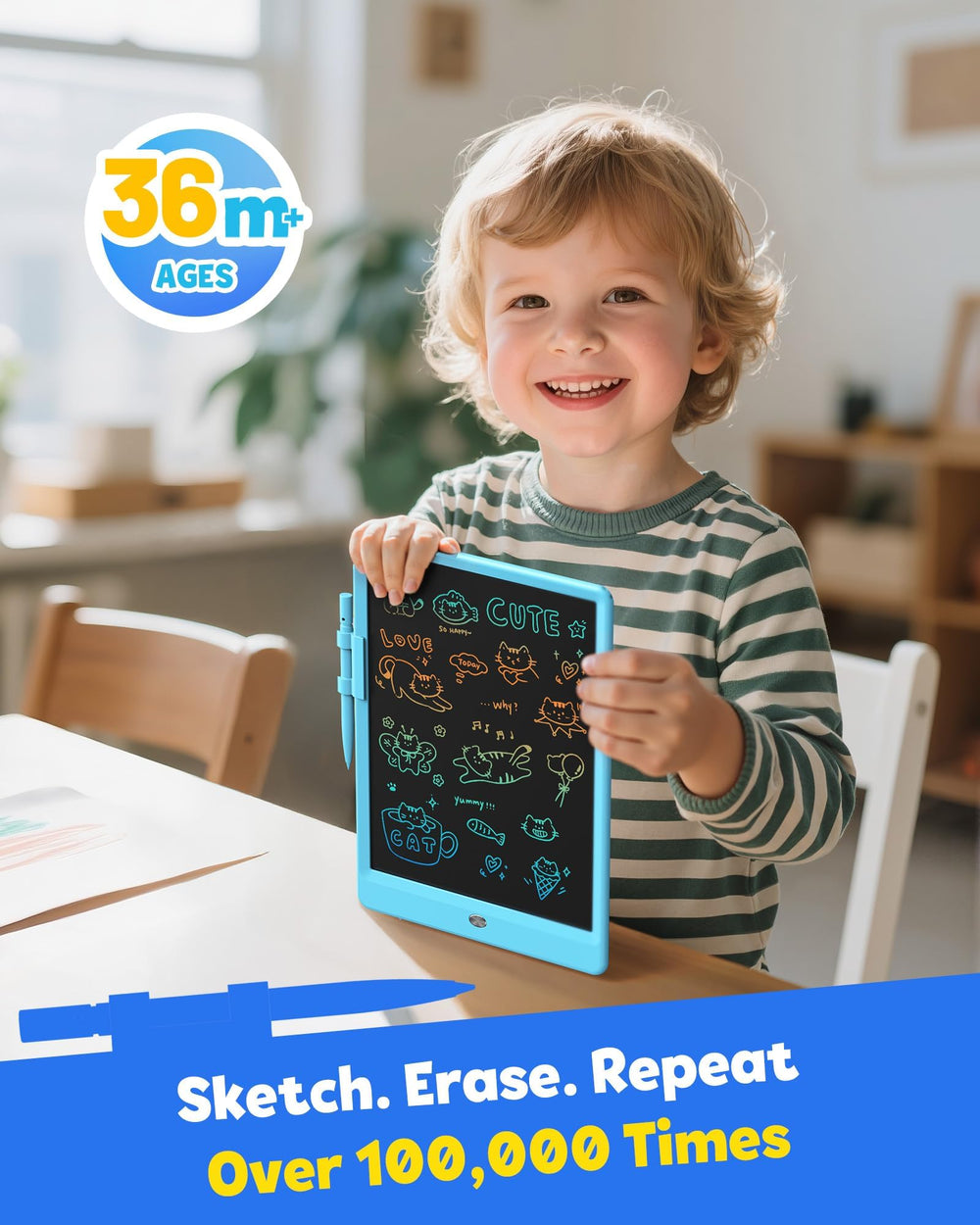TEKFUN tablet with child drawing on screen for mess-free doodling.