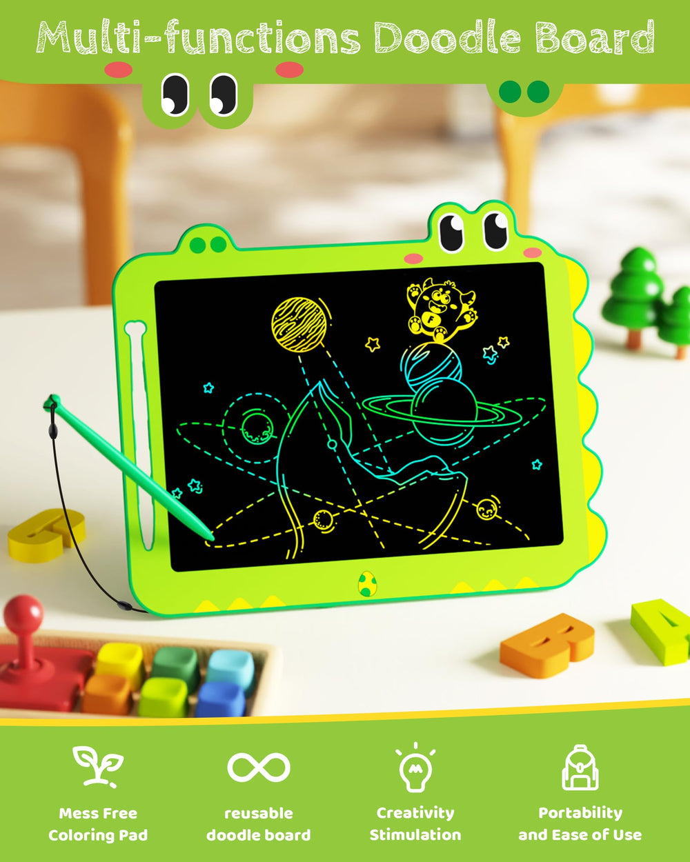 TEKFUN 12 inch green LCD displays colorful doodles and lines