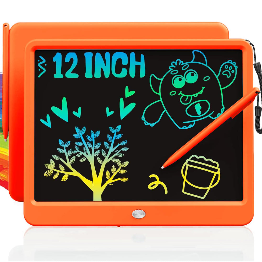 TEKFUN LCD Writing Tablet 12-inch orange front view enables mess-free doodling on the go
