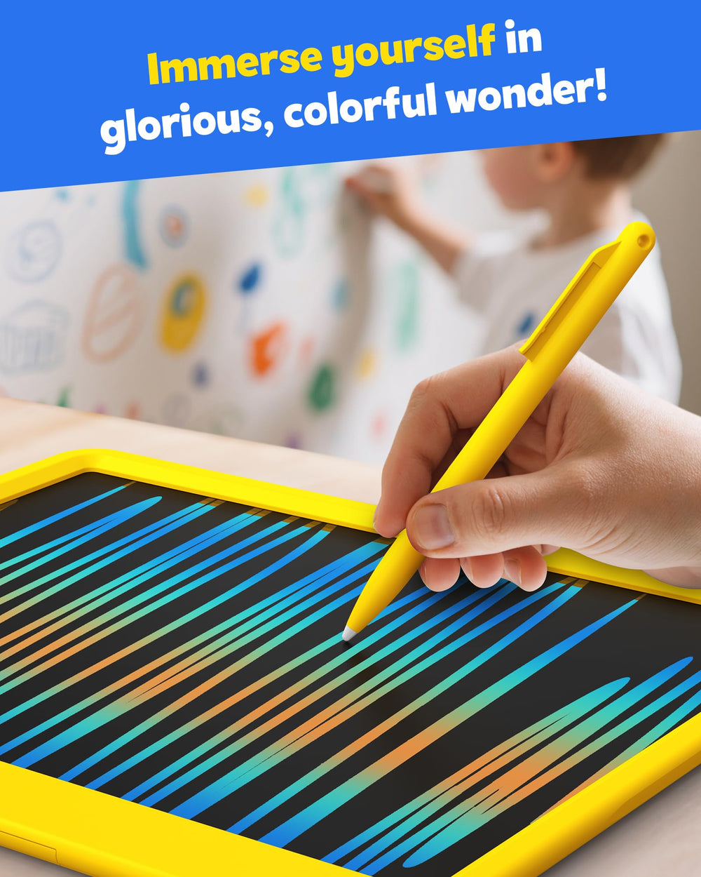 TEKFUN LCD writing tablet with stylus attached for convenient drawing.