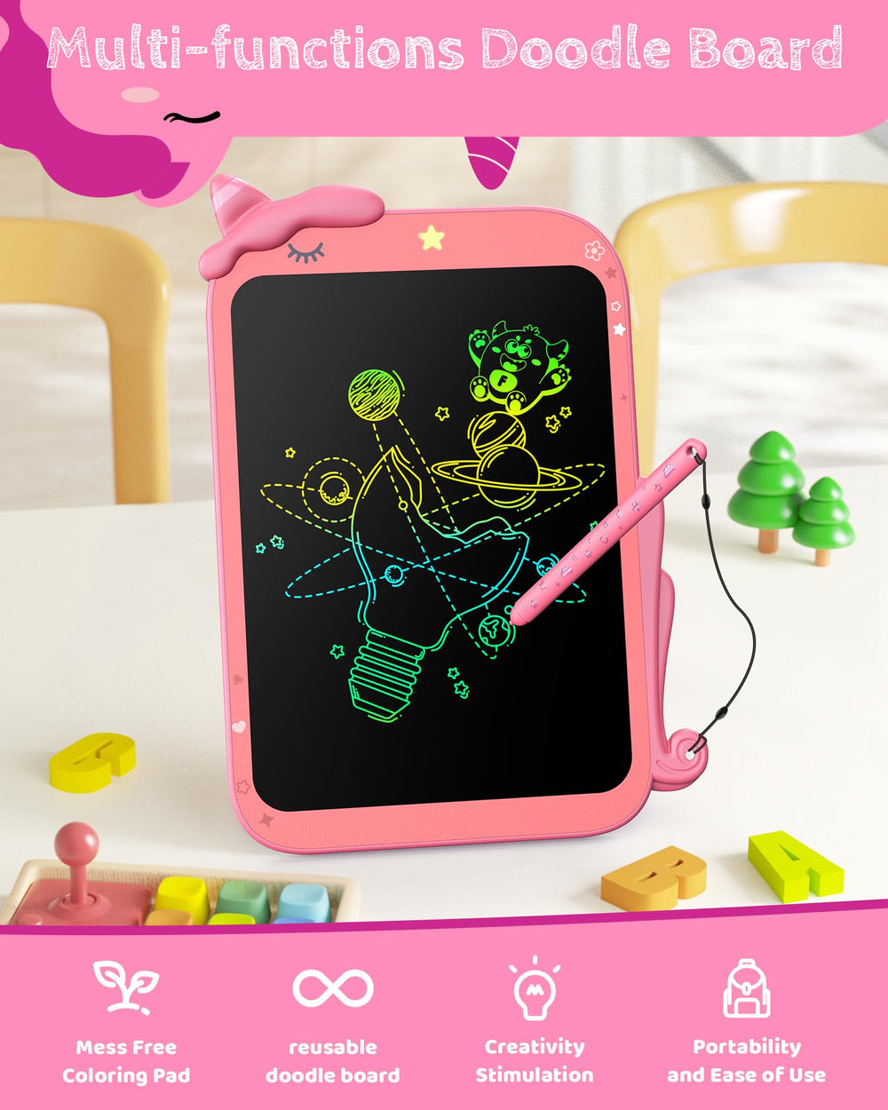 TEKFUN close-up of rosepink tablet with stylus highlighting kid-friendly design.