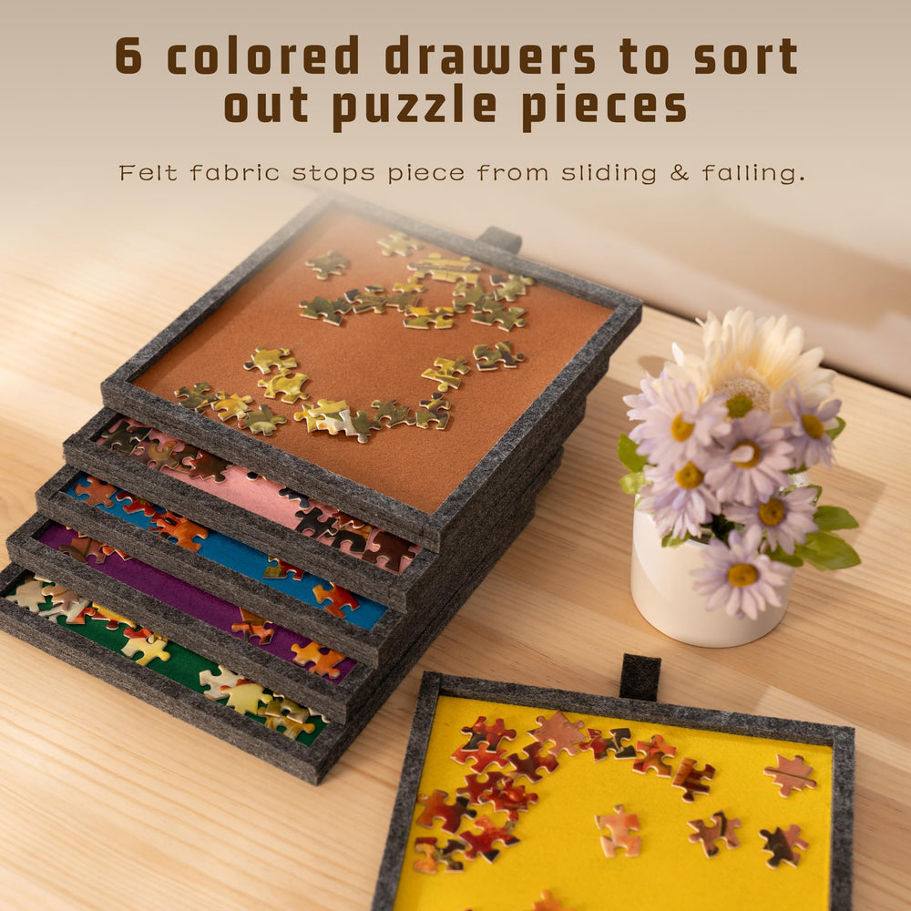 Tektalk six-color drawers organize puzzle pieces by color and size.