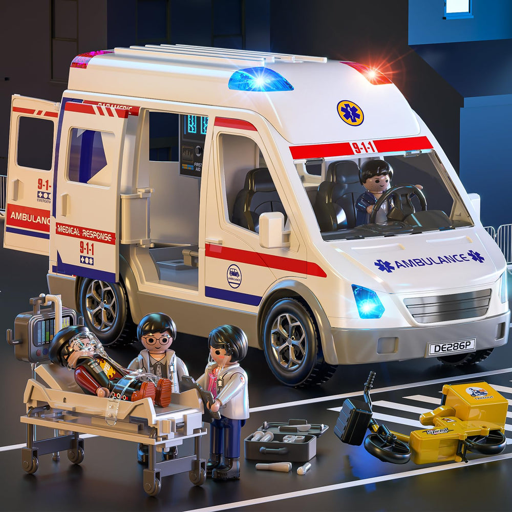 TEMI ambulance toy side view encourages storytelling and fine motor skills