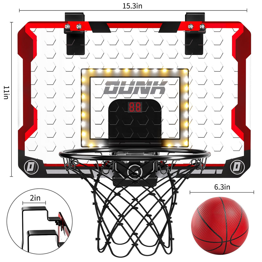 TEMI basketball hoop with LED scoreboard lighting up scores during play.