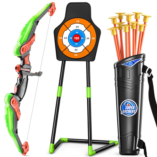 TEMI bow and arrow set with LED lights for easy tracking in dim play spaces.