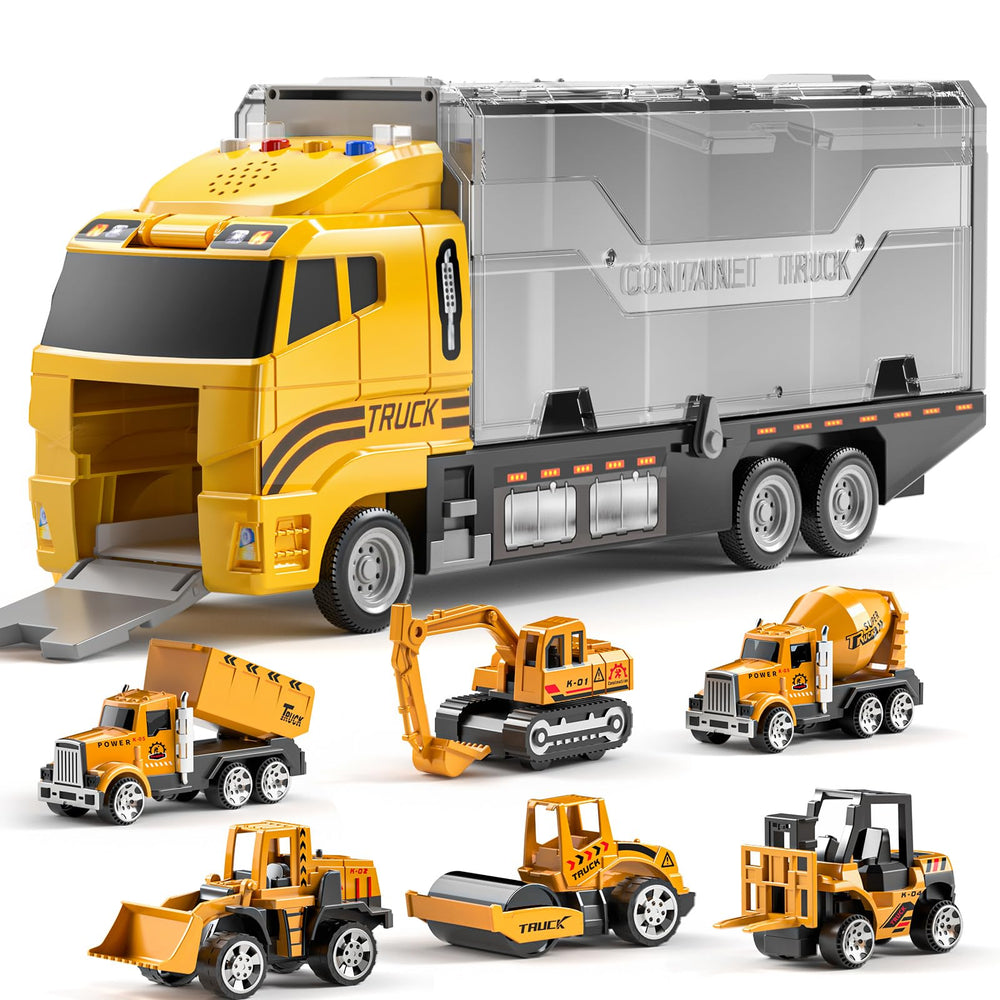 TEMI construction truck set with carrier truck inspires imaginative play and collaborative pretend jobs.