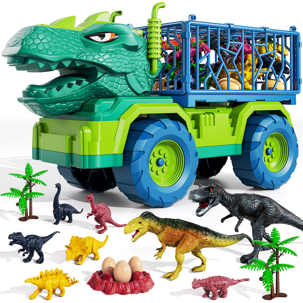 TEMI dinosaur truck transport scene shows a sturdy carrier for imaginative play and durable design for kids' adventures.