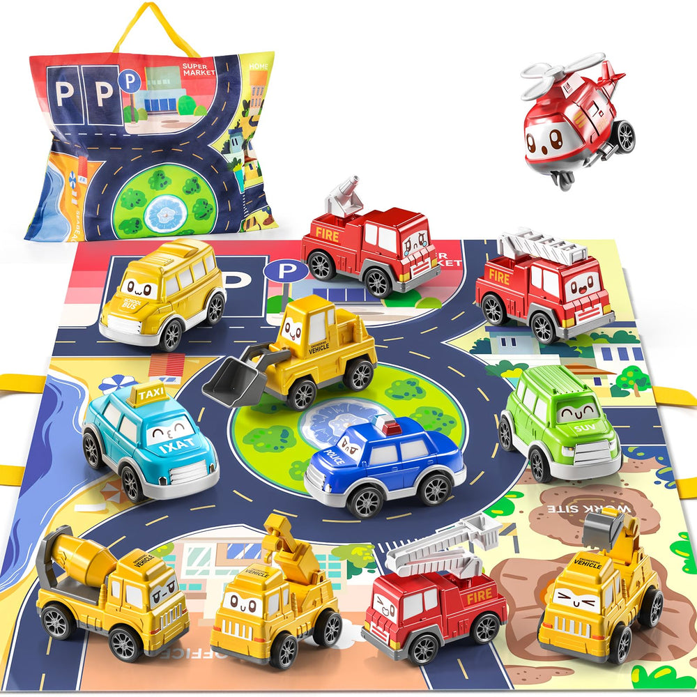 TEMI pull-back car play mat scene offers a portable, mess-free fun area for toddlers.