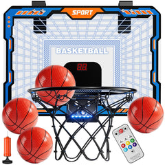 TEMI remote-control indoor basketball hoop with LED board for bright, adjustable play in any room.