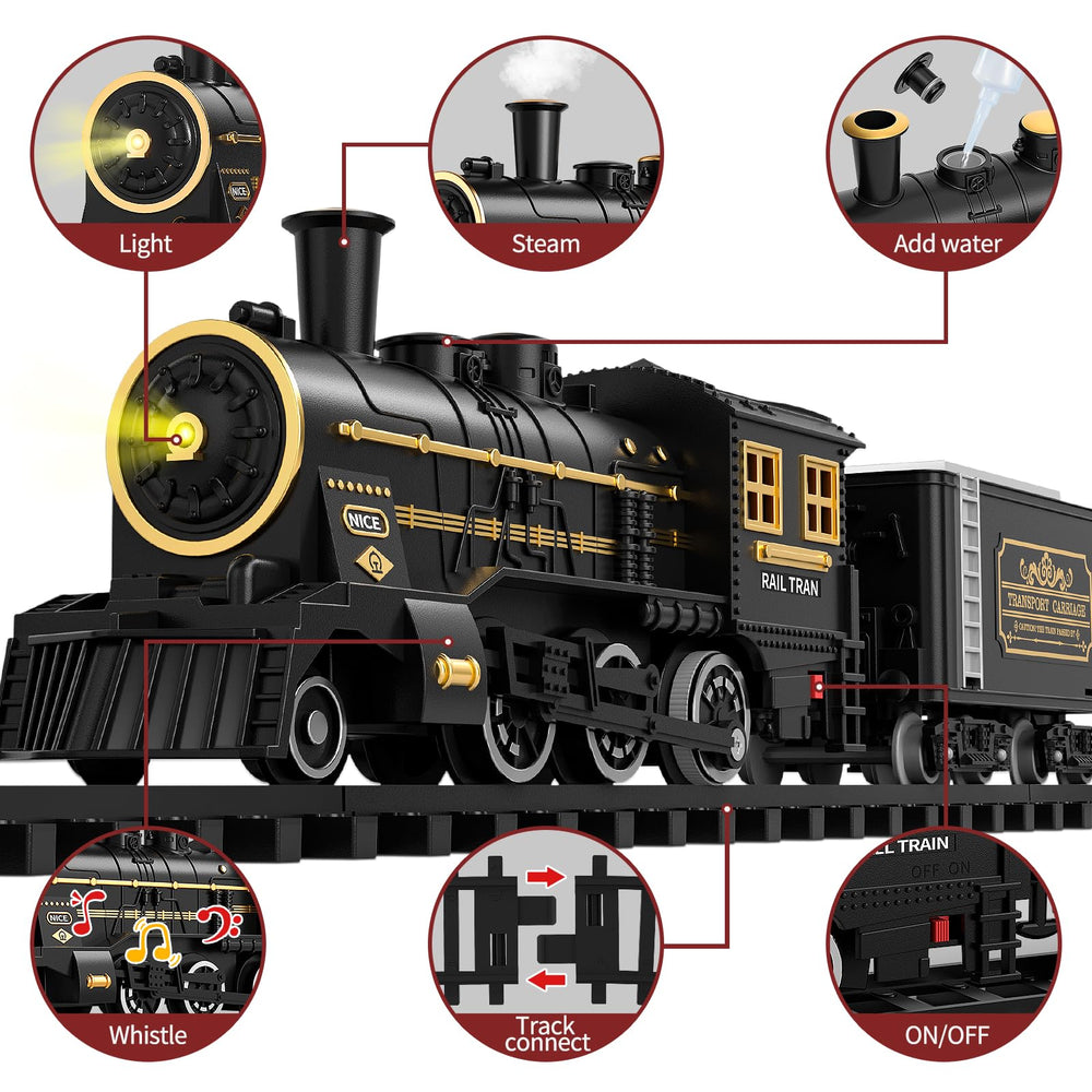 TEMI steam train lights and whistle highlight classic locomotive features for kids.