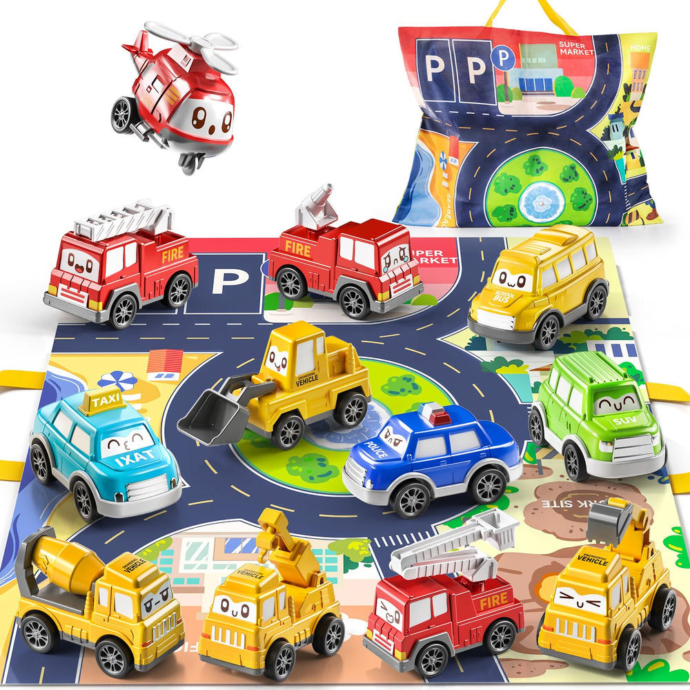 TEMI toddler pull-back car collection on a play mat sparks imaginative play and motor skills.
