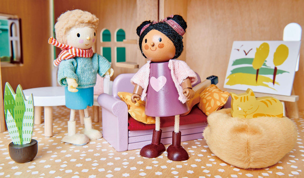 Tender Leaf Ayana and Cat in pink cardigan for dollhouse adventures