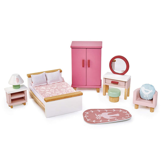 Tender Leaf Toys dovetail bedroom bed with bedding for cozy bedtime stories.