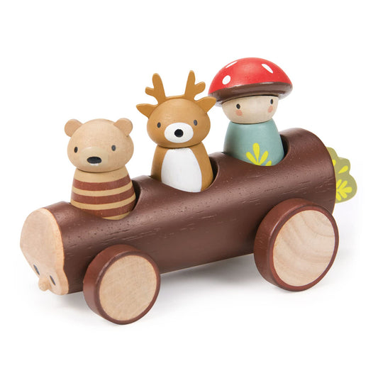 Tender Leaf Timber Taxi log-shaped push vehicle promotes imaginative play.