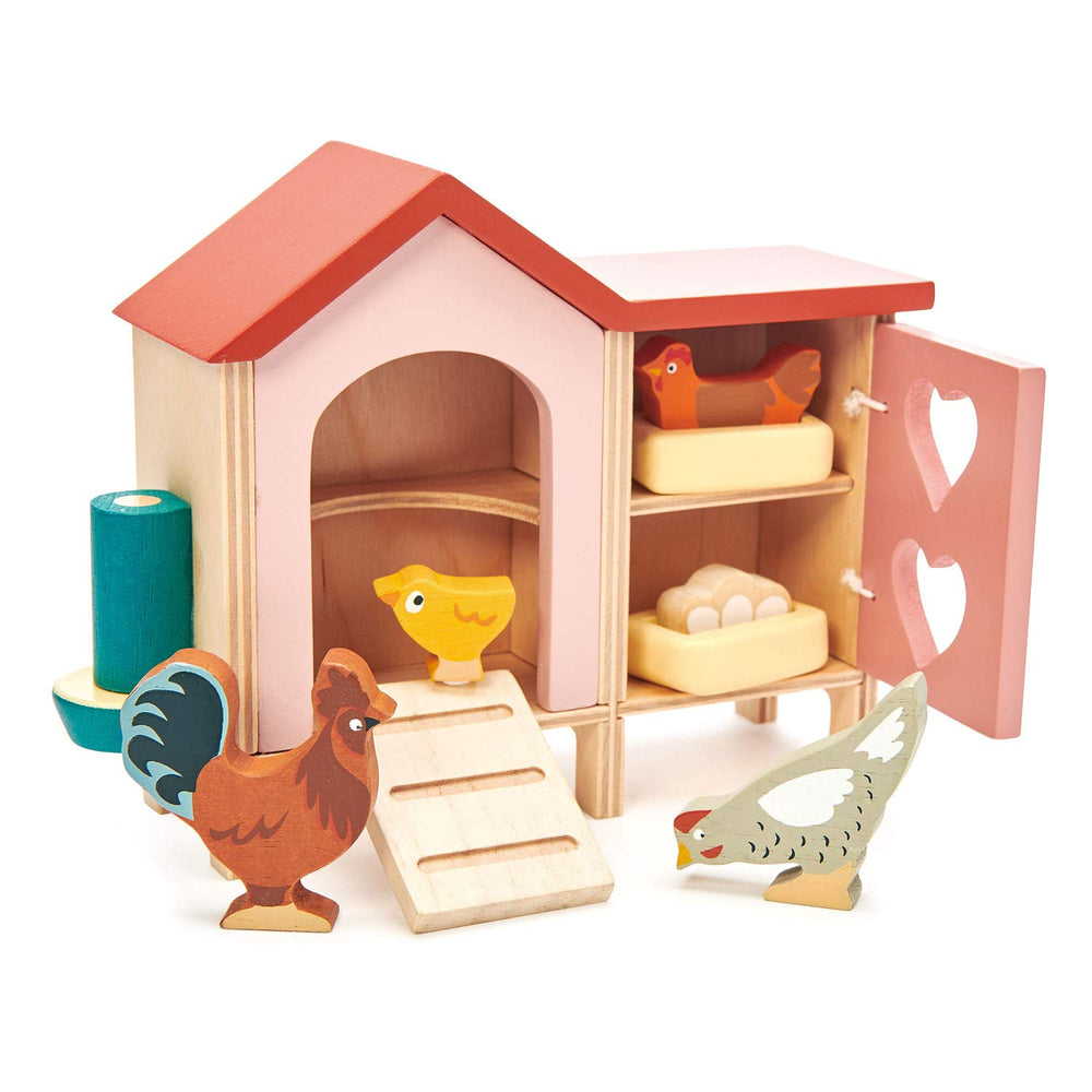 Tender Leaf Toys chicken coop with eggs and nests for imaginative farm play