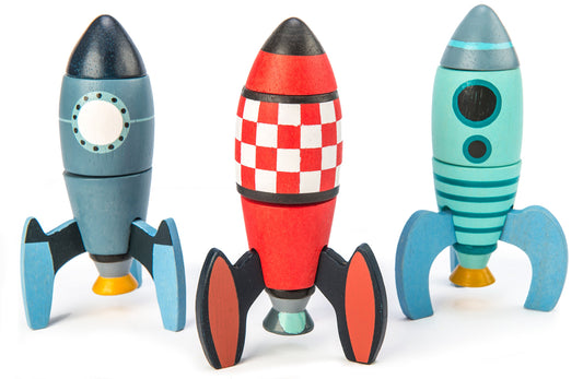 Tender Leaf Toys rocket construction pieces boost fine motor skills through hands-on play.