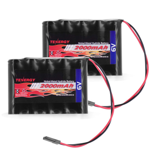 Tenergy 2-pack NiMH receiver battery with Hitec connector powering RC planes.