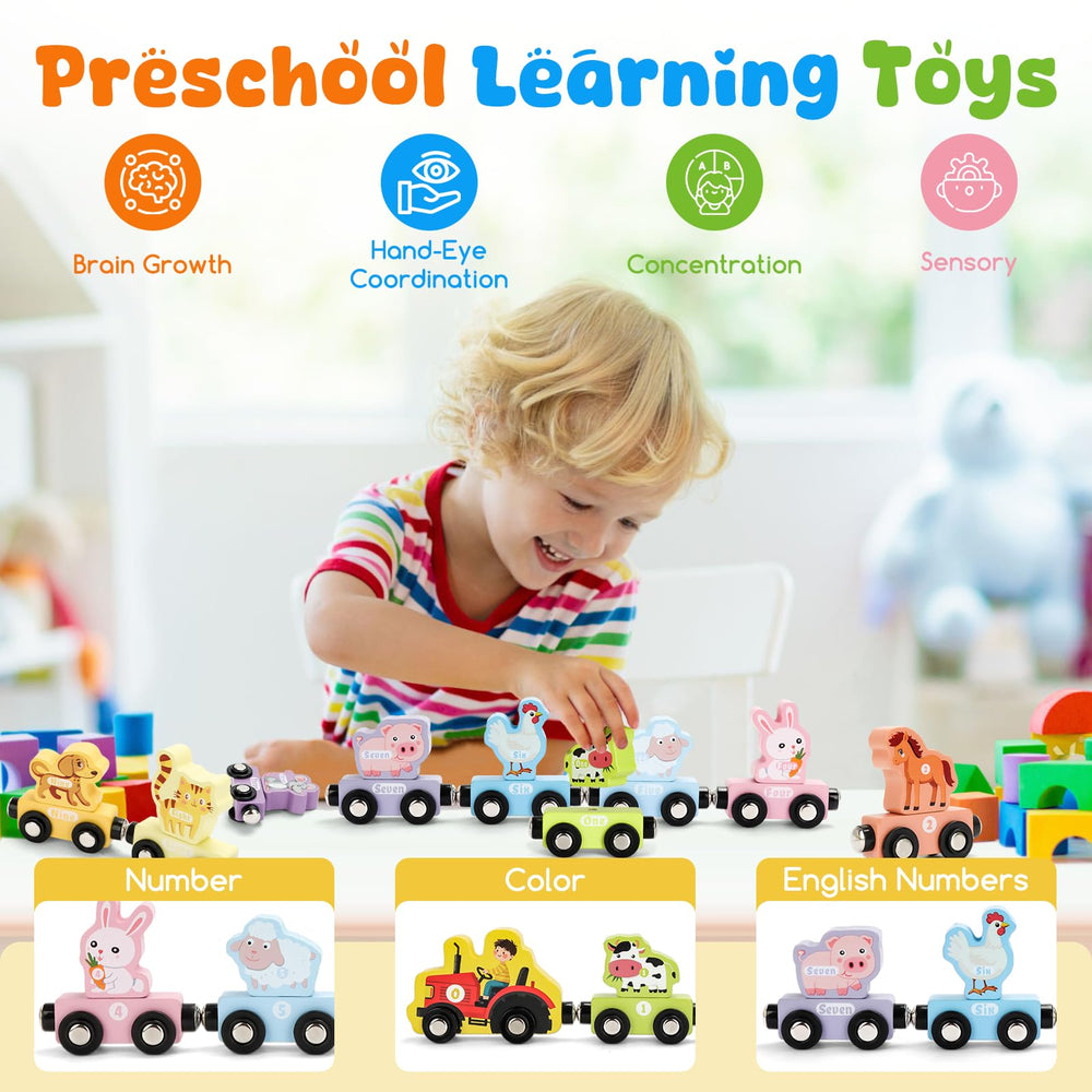 TenFans magnetic train cars wood close-up highlights smooth magnets for easy assembly.