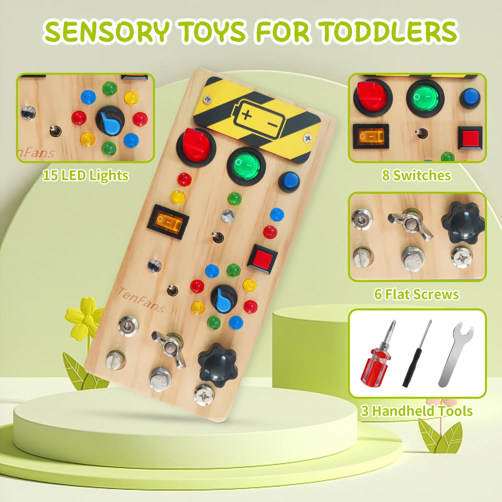TenFans Busy Board close-up of bright LED lights for sensory play.