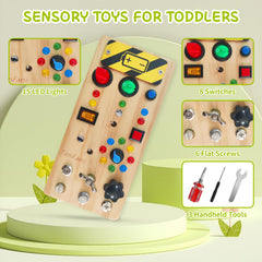 TenFans Busy Board close-up of bright LED lights for sensory play.