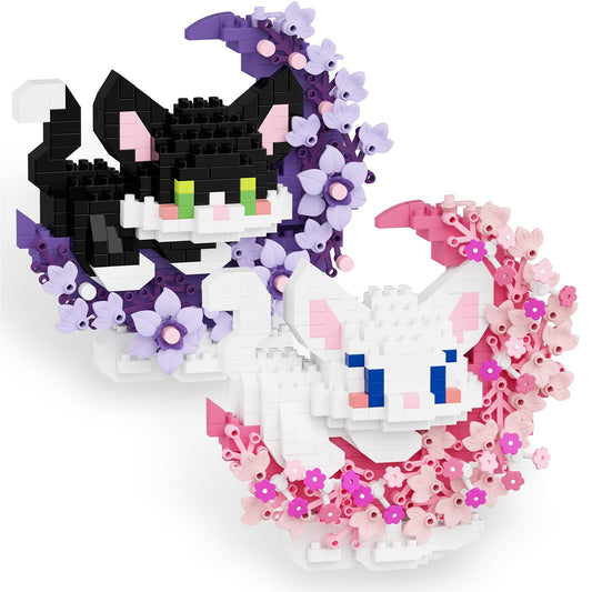 TENYEAH 2-in-1 micro brick cats with flower and moon for stylish display.
