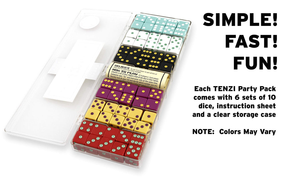 TENZI colorful dice close-up highlighting vibrant pieces for quick play.