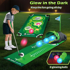 Terramus LED light up balls enhancing nighttime mini golf play.