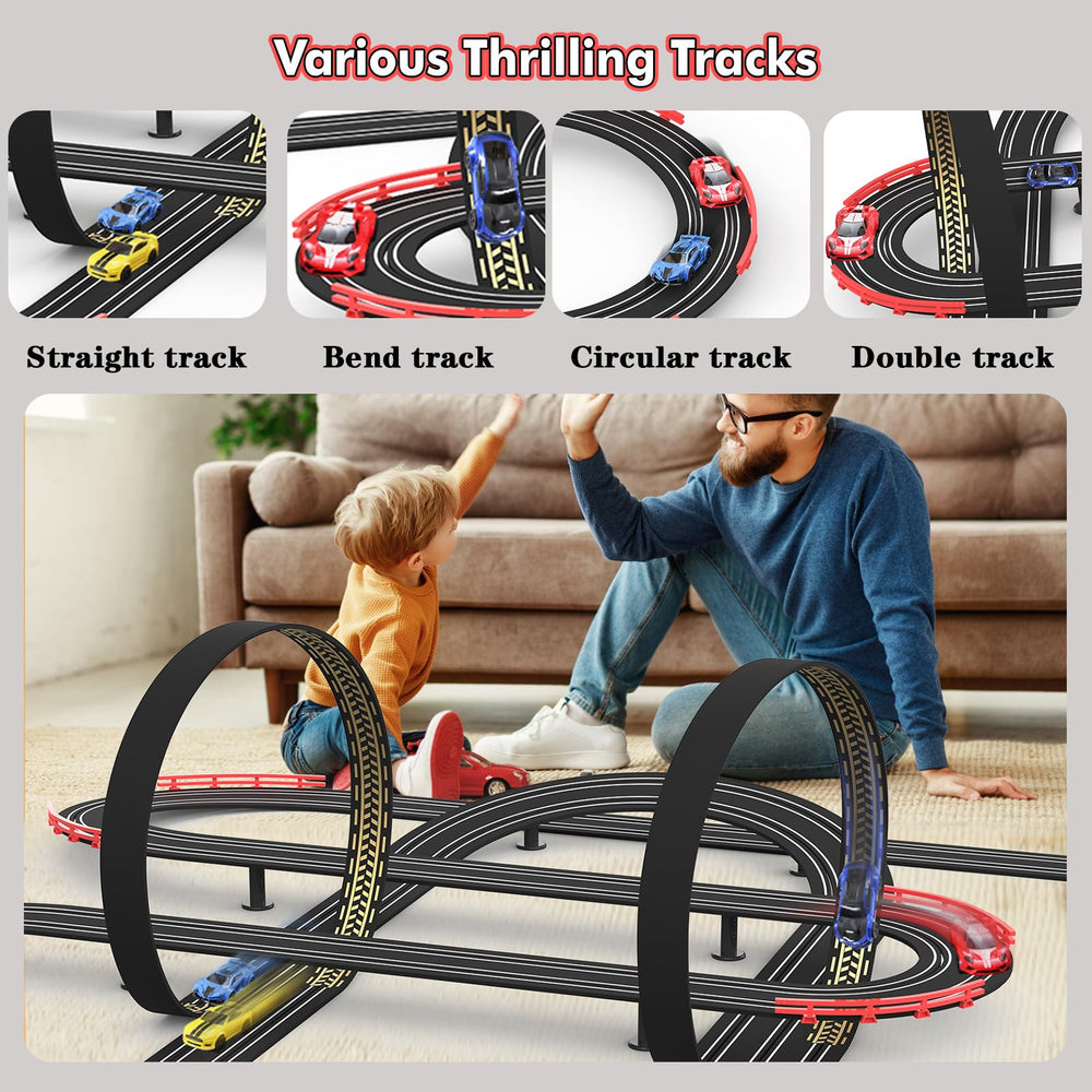 Teslala four high-speed cars glide on the track for exciting pretend race play.