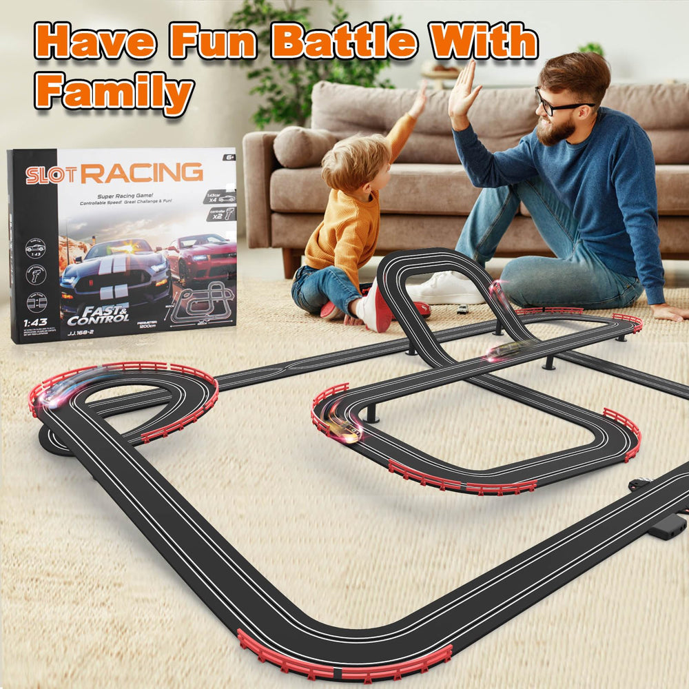 Teslala Slot Car Track with two controllers enabling multiplayer play at home.