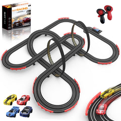 Teslala slot car track 32ft layout on a table for family racing sessions.