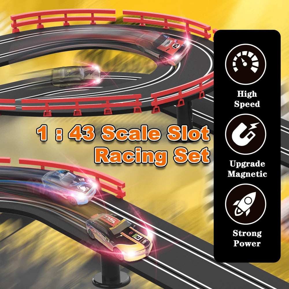 Teslala Slot Car Track 360° curve adds dynamic racing challenges.