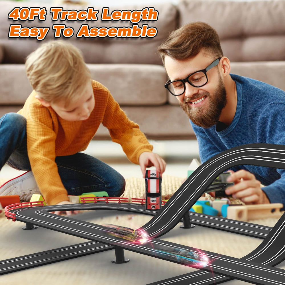 Teslala Slot Car Track four cars included for family-friendly competition.