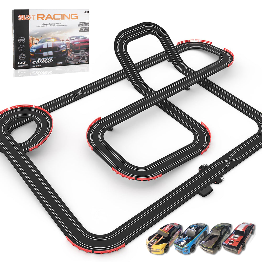 Teslala Slot Car Track 40ft setup shows quick start racing for kids.