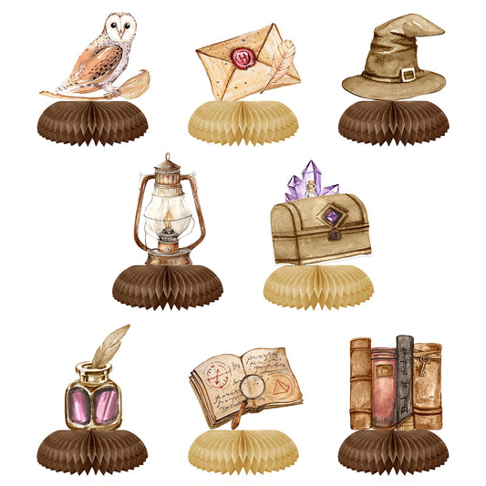 Tewess magical wizard honeycomb card centerpiece for enchanting party decor and photo props.