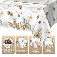 Tewess wizard tablecloth white background with gold accents for versatile wizard party celebrations.