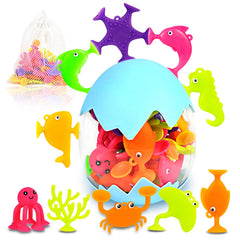 Texviko suction bath toys showcase colorful ocean animals for creative bath play.