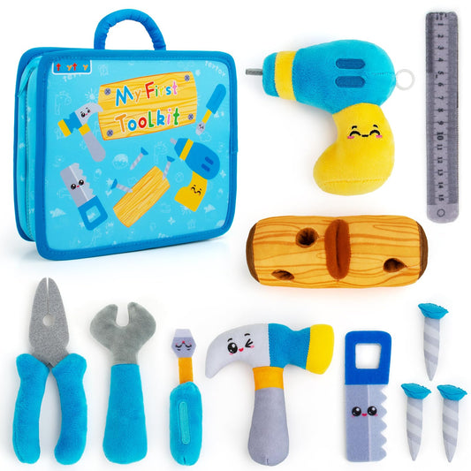 Teytoy My First Toolbox open with plush tools for imaginative play and fine motor skills.