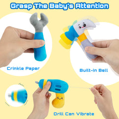Teytoy plush screwdriver with bells boosts tactile exploration during pretend construction.