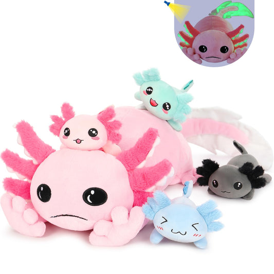 Tezituor giant axolotl with 4 babies inside, cozy family cuddle.