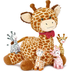 Tezituor mommy giraffe plush with four babies for imaginative play