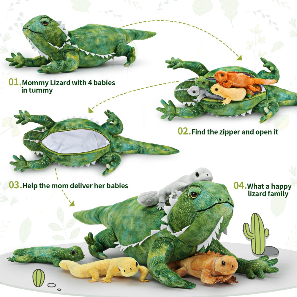Tezituor plush lizard family display with vibrant colors supports storytelling and wildlife learning.