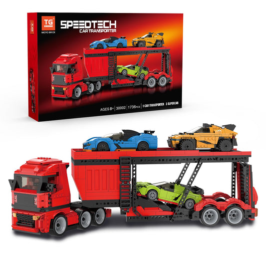 TG BLOCKS Micro Brick Car Transporter red truck ready for imaginative cargo play.