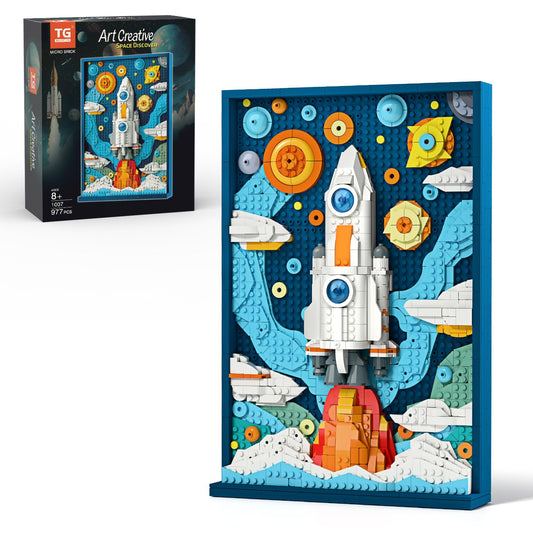 TG Blocks Micro Brick Rocket wall art shows a vibrant, hand-assembled display piece.