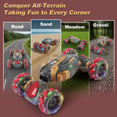 TGJH off-road stunt car on gravel demonstrates durable all-terrain fun for outdoors.