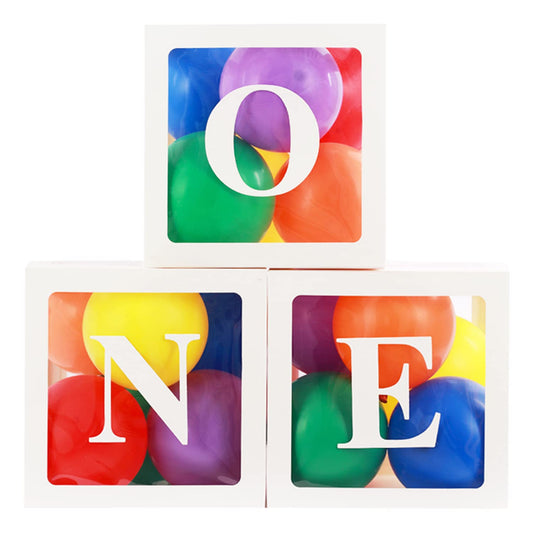 TGMMC First Birthday ONE Balloon Boxes with rainbow balloons for a cute party display
