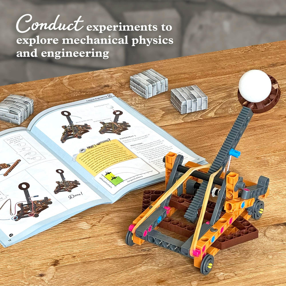 Thames & Kosmos trebuchet model demonstrates projectile motion effectively.